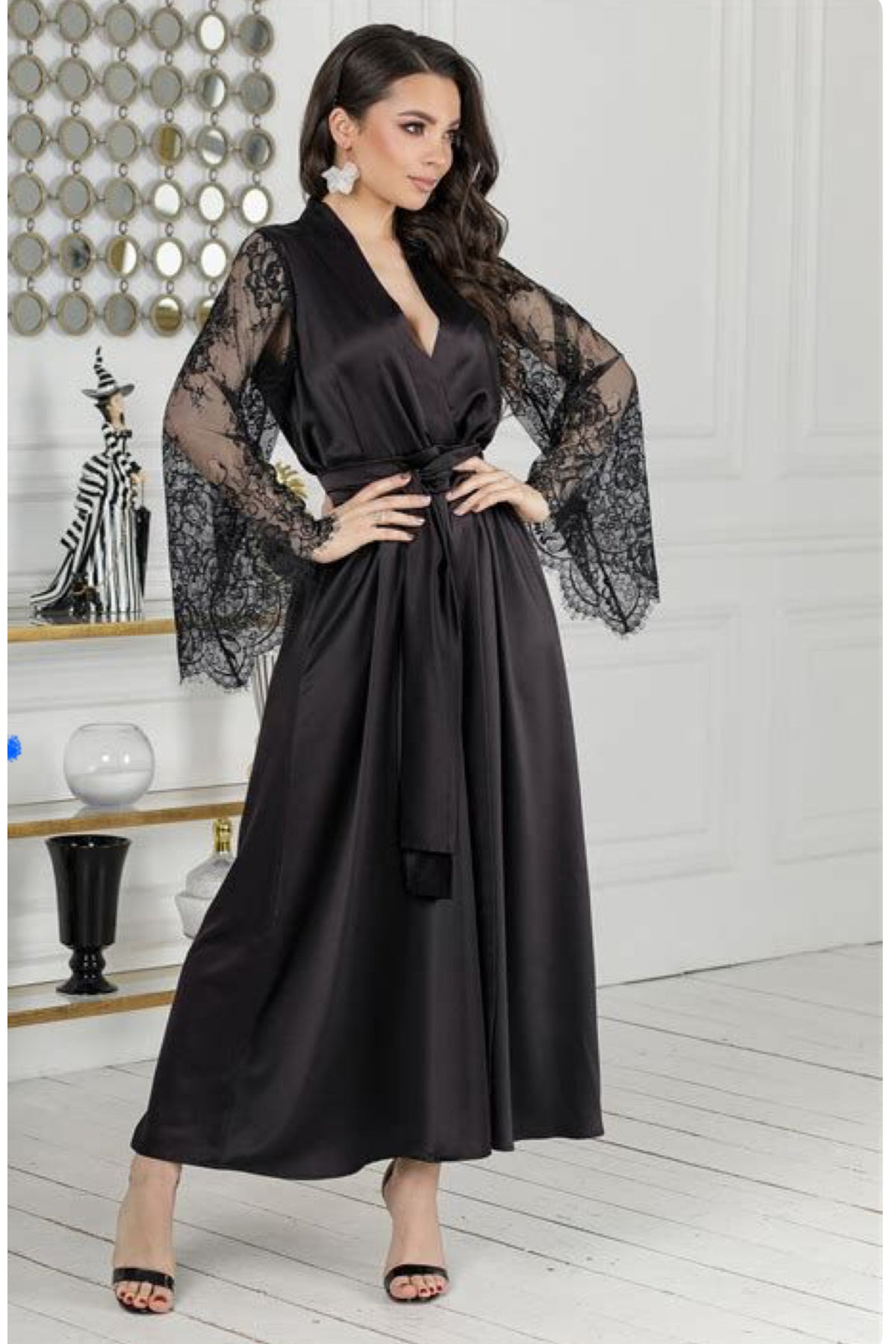 Dantelli Uzun Gelin Elbisesi, Siyah Düğün Kimonosu, Dantel Kollu