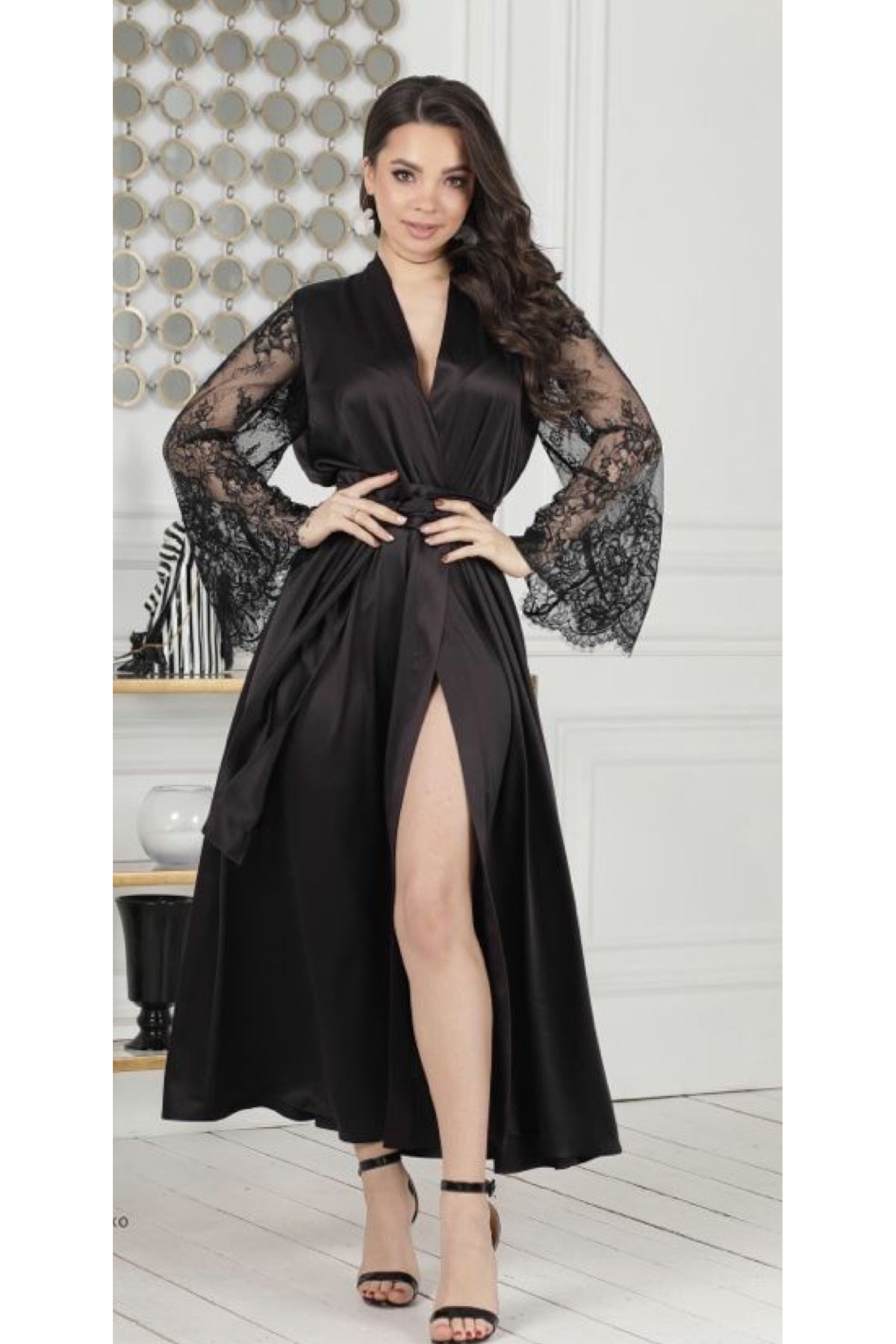 Dantelli Uzun Gelin Elbisesi, Siyah Düğün Kimonosu, Dantel Kollu