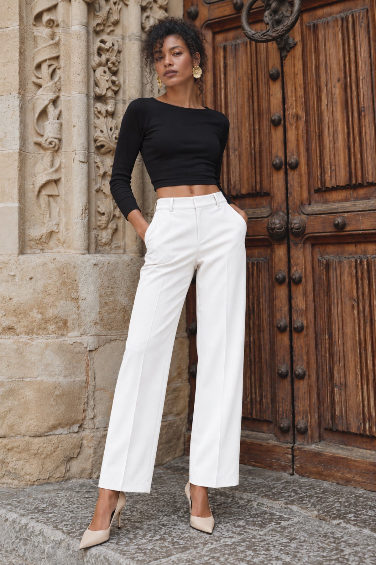 Kadın Pantolon Cırt Cırtlı Yüksek Bel Şık Boyfriend Geniş Paça Beyaz Kumaş Pantolon