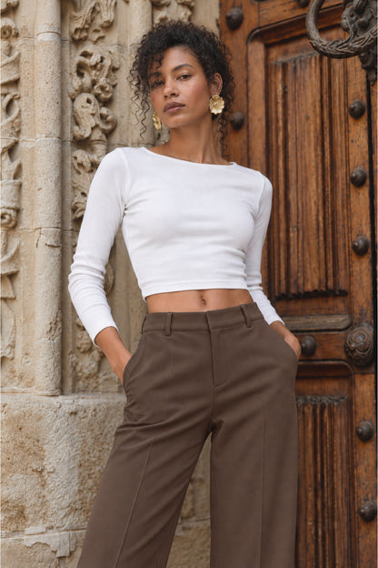 Kadın Pantolon Cırt Cırtlı Yüksek Bel Şık Boyfriend Geniş Paça Beyaz Kumaş Pantolon