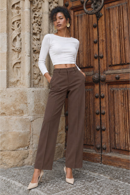 Kadın Pantolon Cırt Cırtlı Yüksek Bel Şık Boyfriend Geniş Paça Beyaz Kumaş Pantolon