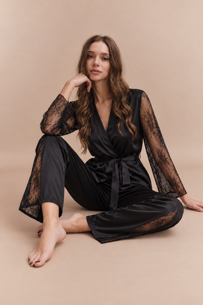 İpeksi Saten Dantel Detaylı Uzun 2li Pijama Takımı